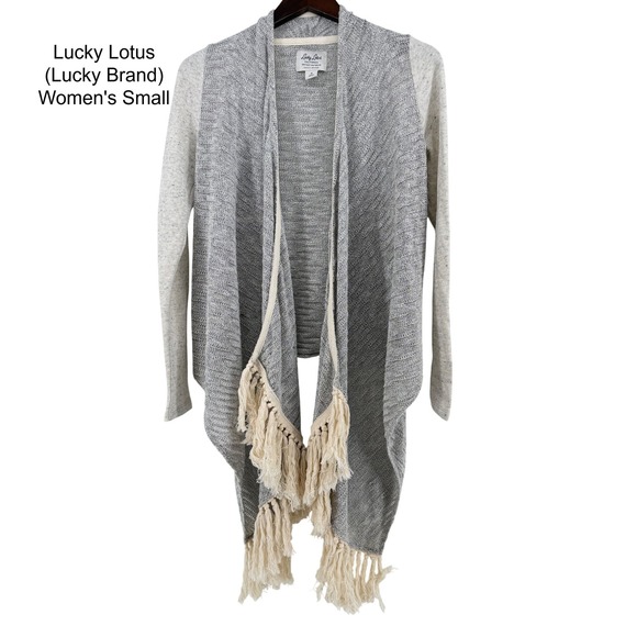 Lucky Lotus Sweaters - Lucky Lotus Lucky Brand Womens Small Grey Fringe Mixed Media Open Front Cardigan